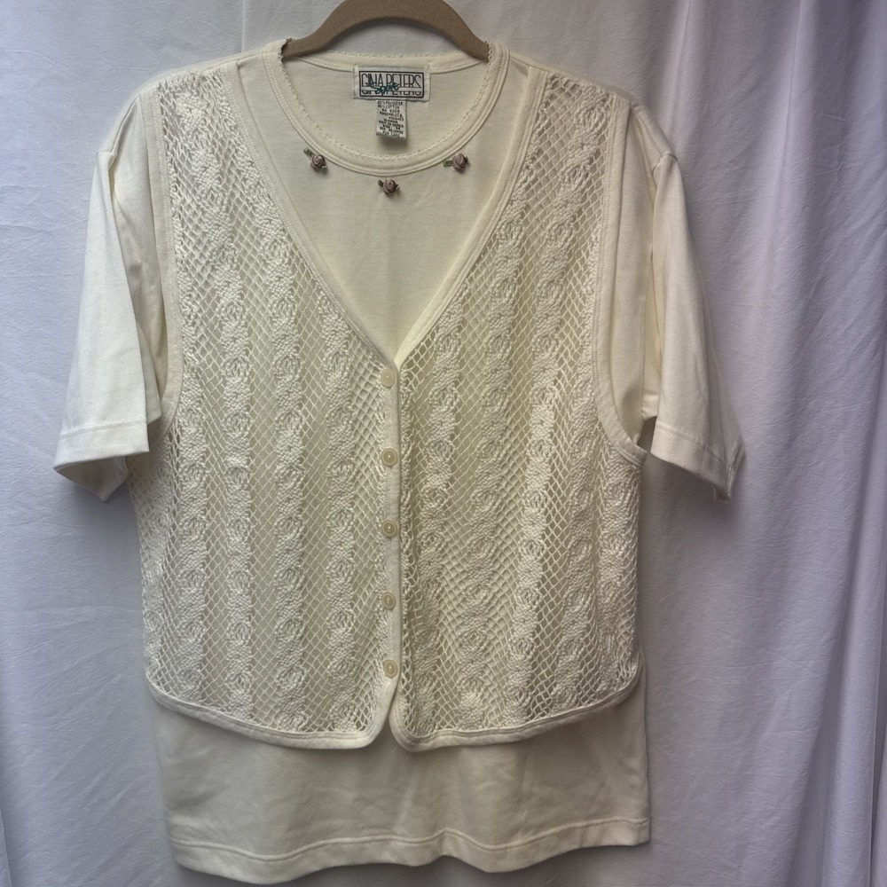 Vintage Gina Peters Sport Women M Ivory Tee with Attached Vest 90's Cottage Core